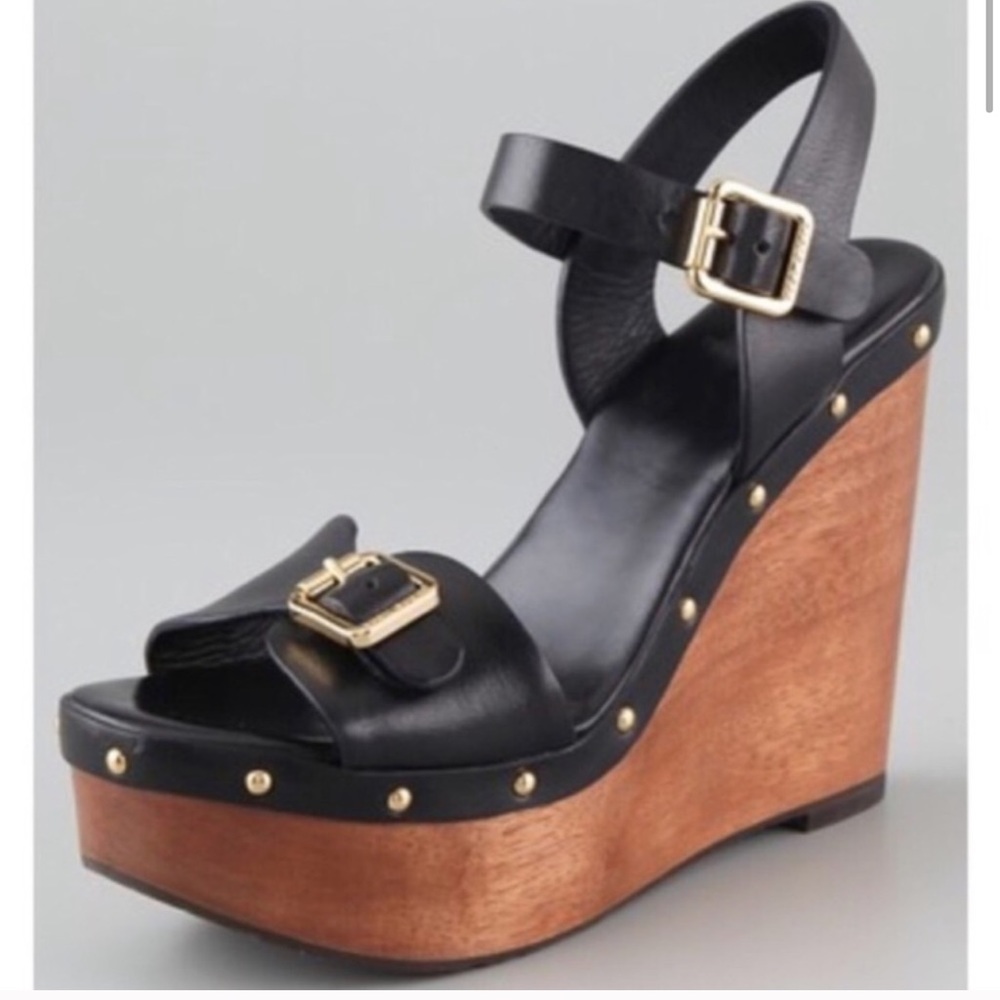 Tory Burch Black Wooden Wedge Sandals